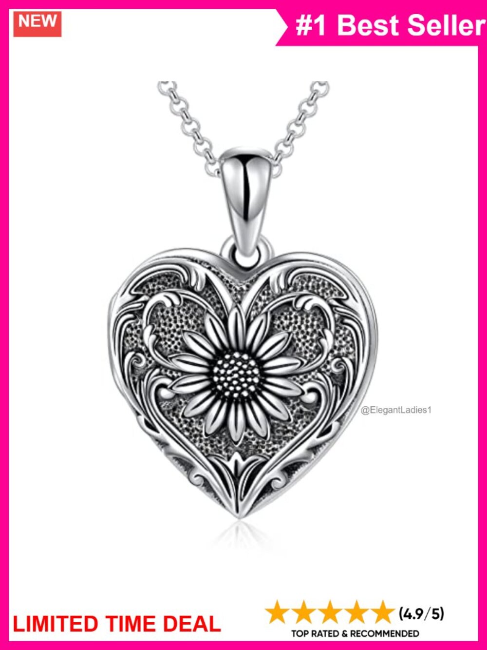 Sterling Silver Heart Locket Necklace Holds 4 Pictures Sunflower Cameo